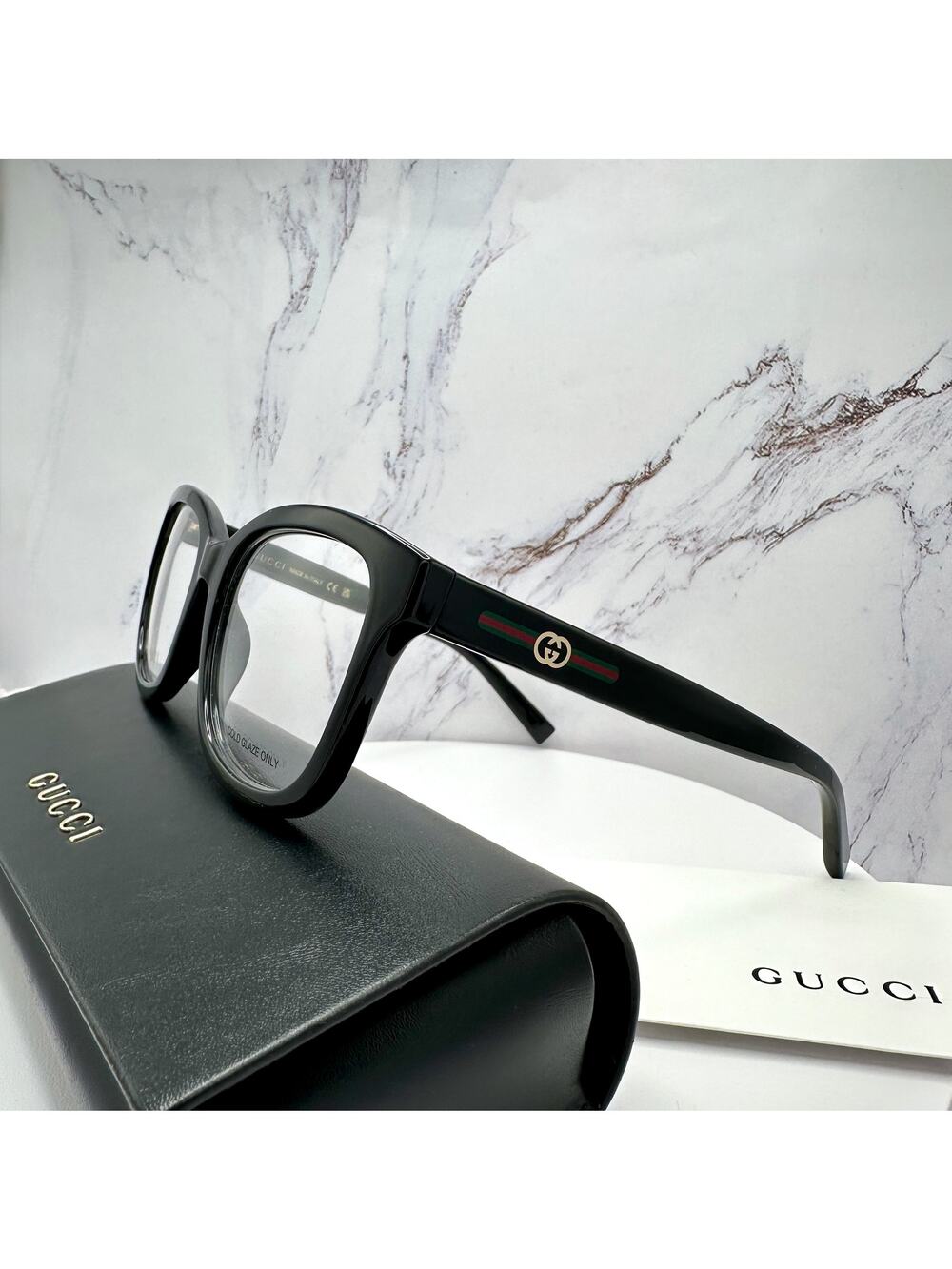New GUCCI Eyeglasses 53-19-140 Black Square GG Logo Red Green Web Women Rx-able - Picture 1 of 16